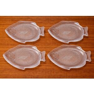 4 Arcoroc Clear Glass Detailed Fish Plates Textured Serving Dishes Seafood Decor